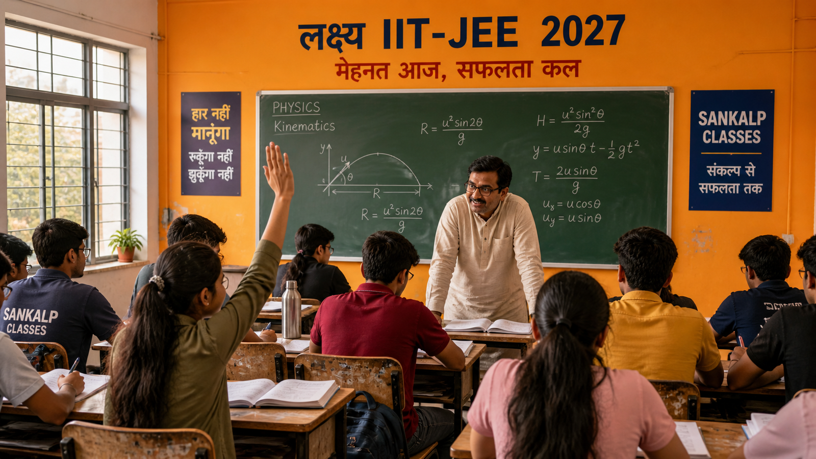 Sankalp Classes — IIT-JEE classroom in Kanpur with chalkboard, students raising hands, teacher in front, signage 'लक्ष्य IIT-JEE 2027'